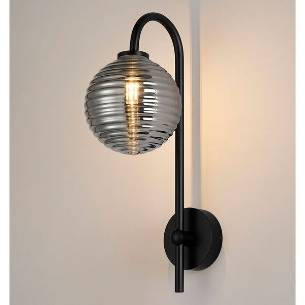Tenterden Curved Arm IP44 Wall Light in Satin Black with Ribbed Round Smoke Glass Diffuser