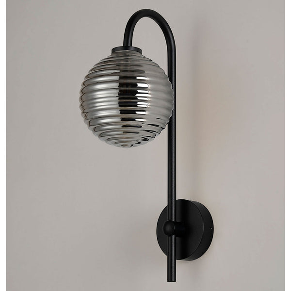 Tenterden Curved Arm IP44 Wall Light in Satin Black with Ribbed Round Smoke Glass Diffuser