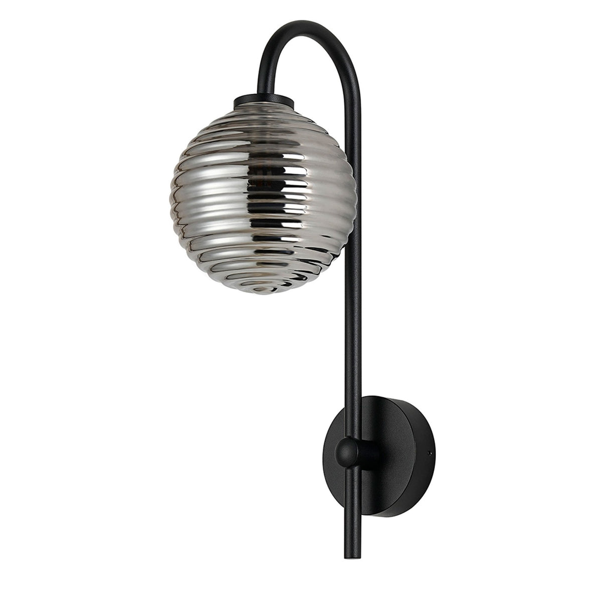 Tenterden Curved Arm IP44 Wall Light in Satin Black with Ribbed Round Smoke Glass Diffuser