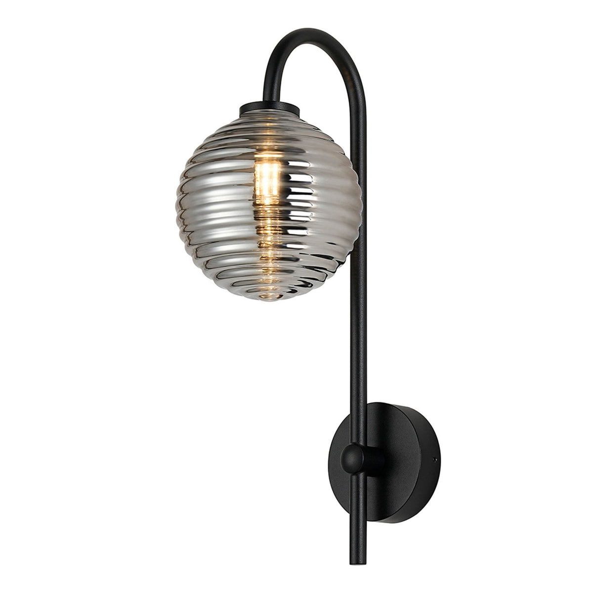 Tenterden Curved Arm IP44 Wall Light in Satin Black with Ribbed Round Smoke Glass Diffuser