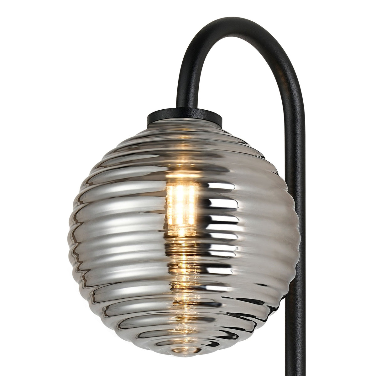 Tenterden Curved Arm IP44 Wall Light in Satin Black with Ribbed Round Smoke Glass Diffuser
