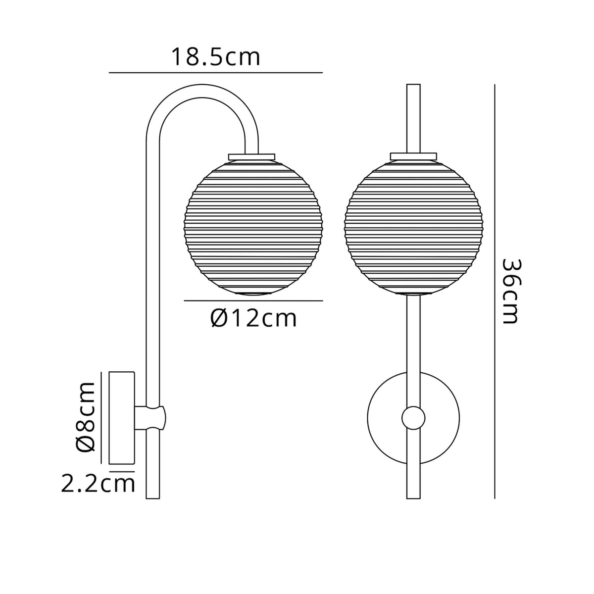 Tenterden Curved Arm IP44 Wall Light in Satin Black with Ribbed Round Smoke Glass Diffuser
