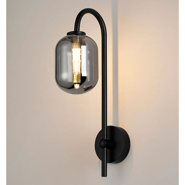 Tenterden Curved Arm IP44 Wall Light in Satin Black with Smooth Tubular Smoke Glass Diffuser