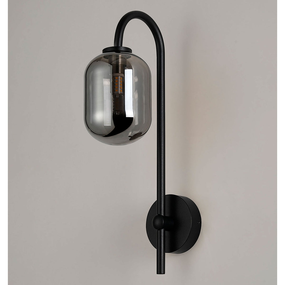 Tenterden Curved Arm IP44 Wall Light in Satin Black with Smooth Tubular Smoke Glass Diffuser