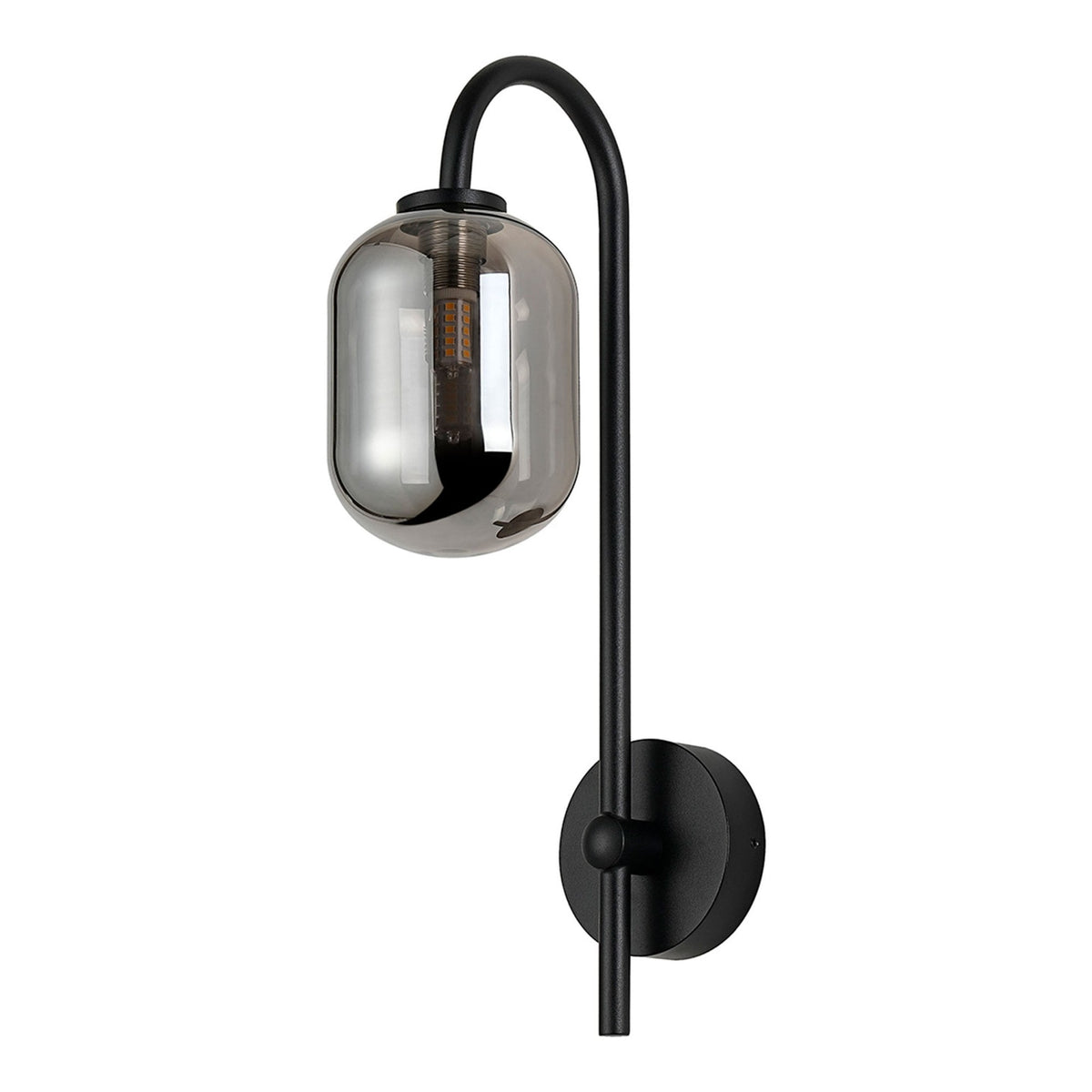 Tenterden Curved Arm IP44 Wall Light in Satin Black with Smooth Tubular Smoke Glass Diffuser