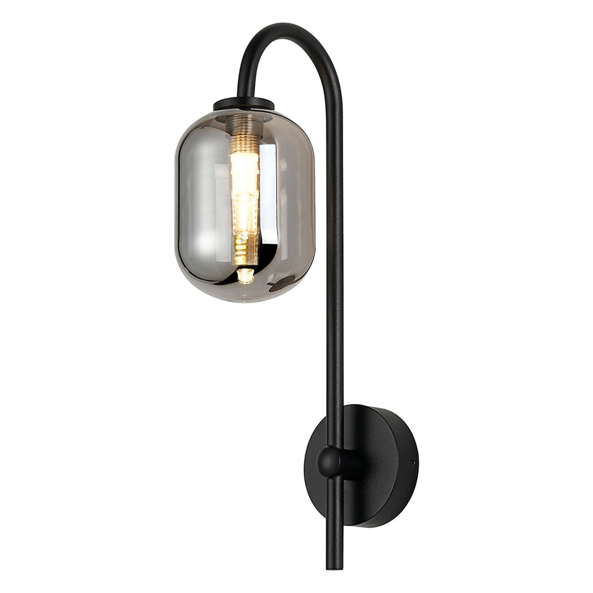 Tenterden Curved Arm IP44 Wall Light in Satin Black with Smooth Tubular Smoke Glass Diffuser