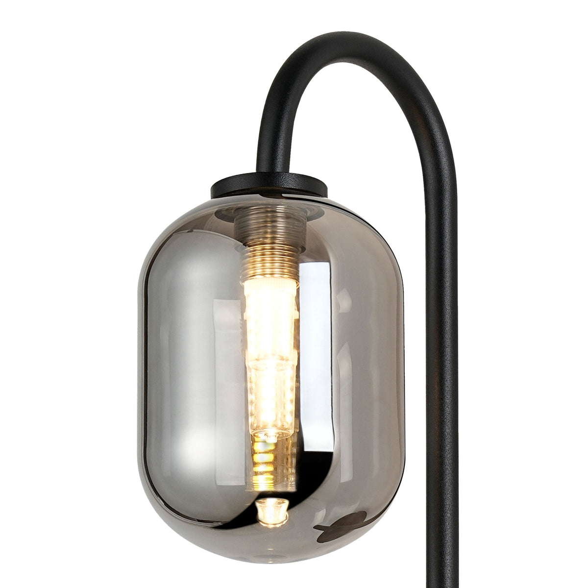 Tenterden Curved Arm IP44 Wall Light in Satin Black with Smooth Tubular Smoke Glass Diffuser