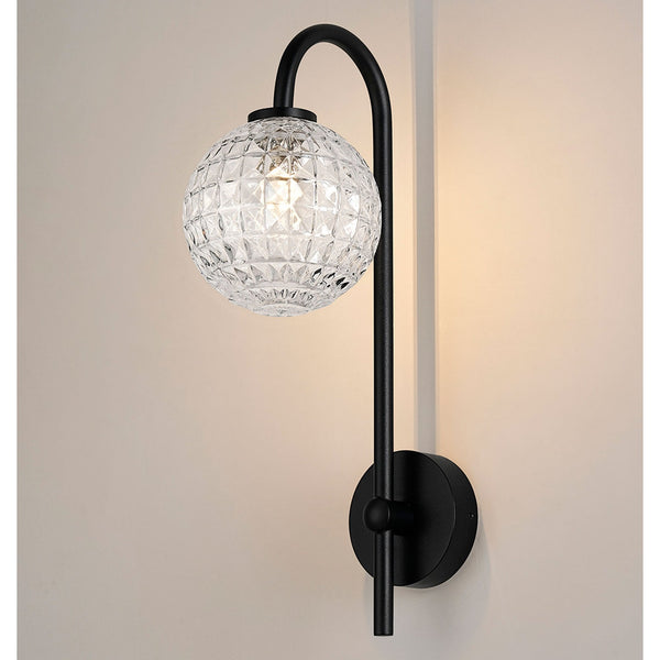 Tenterden Curved Arm IP44 Wall Light in Satin Black with Cross Pattern Round Clear Glass Diffuser