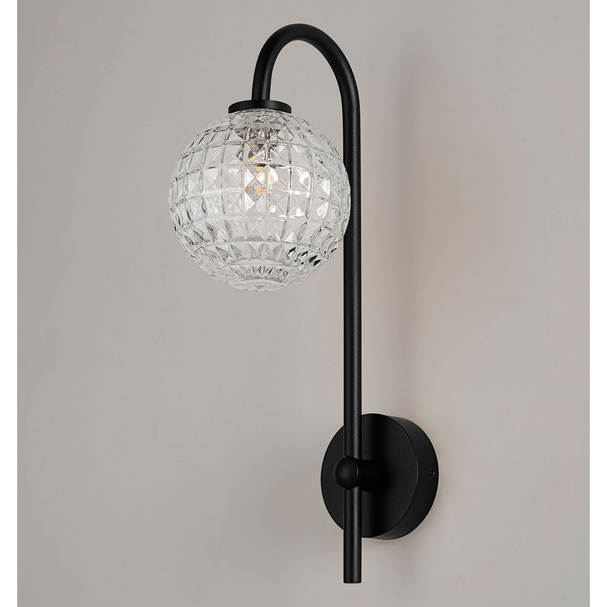 Tenterden Curved Arm IP44 Wall Light in Satin Black with Cross Pattern Round Clear Glass Diffuser