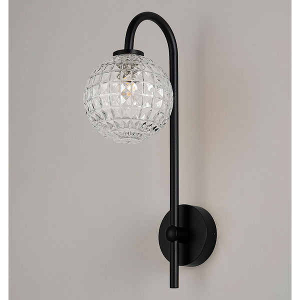 Tenterden Curved Arm IP44 Wall Light in Satin Black with Cross Pattern Round Clear Glass Diffuser