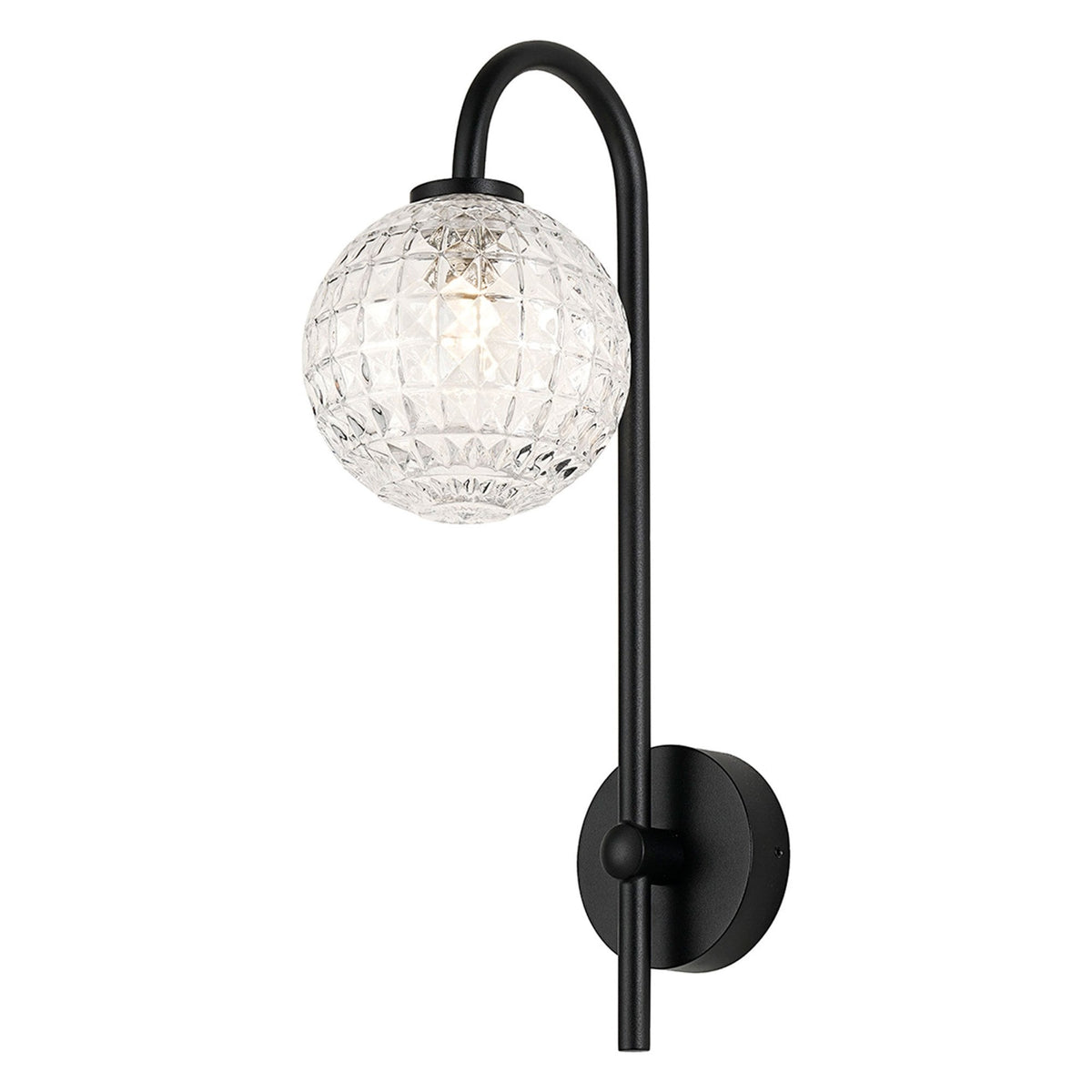 Tenterden Curved Arm IP44 Wall Light in Satin Black with Cross Pattern Round Clear Glass Diffuser