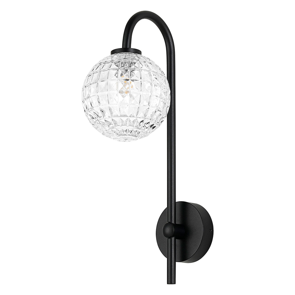 Tenterden Curved Arm IP44 Wall Light in Satin Black with Cross Pattern Round Clear Glass Diffuser
