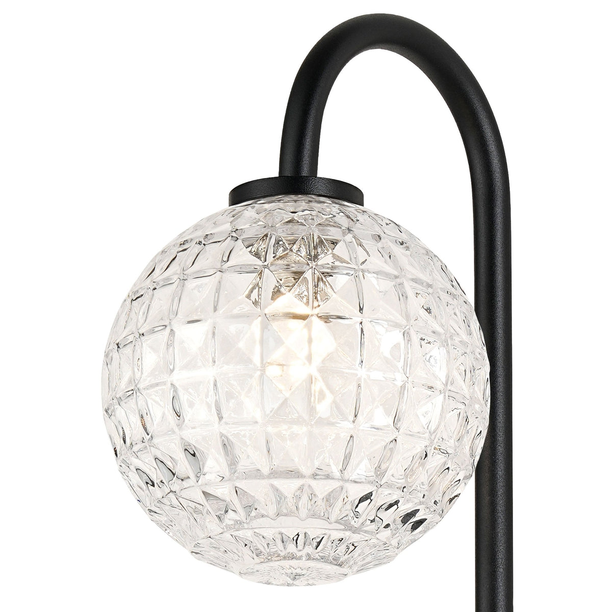 Tenterden Curved Arm IP44 Wall Light in Satin Black with Cross Pattern Round Clear Glass Diffuser