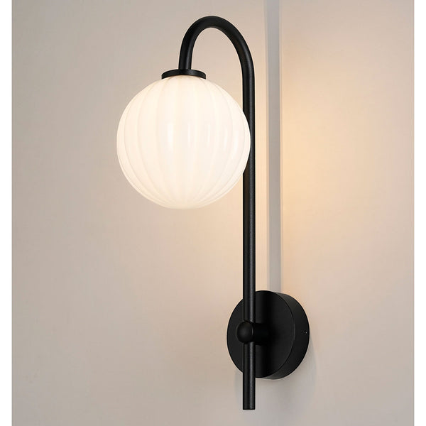 Tenterden Curved Arm IP44 Wall Light in Satin Black with Segment Round Opal Glass Diffuser