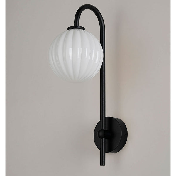 Tenterden Curved Arm IP44 Wall Light in Satin Black with Segment Round Opal Glass Diffuser
