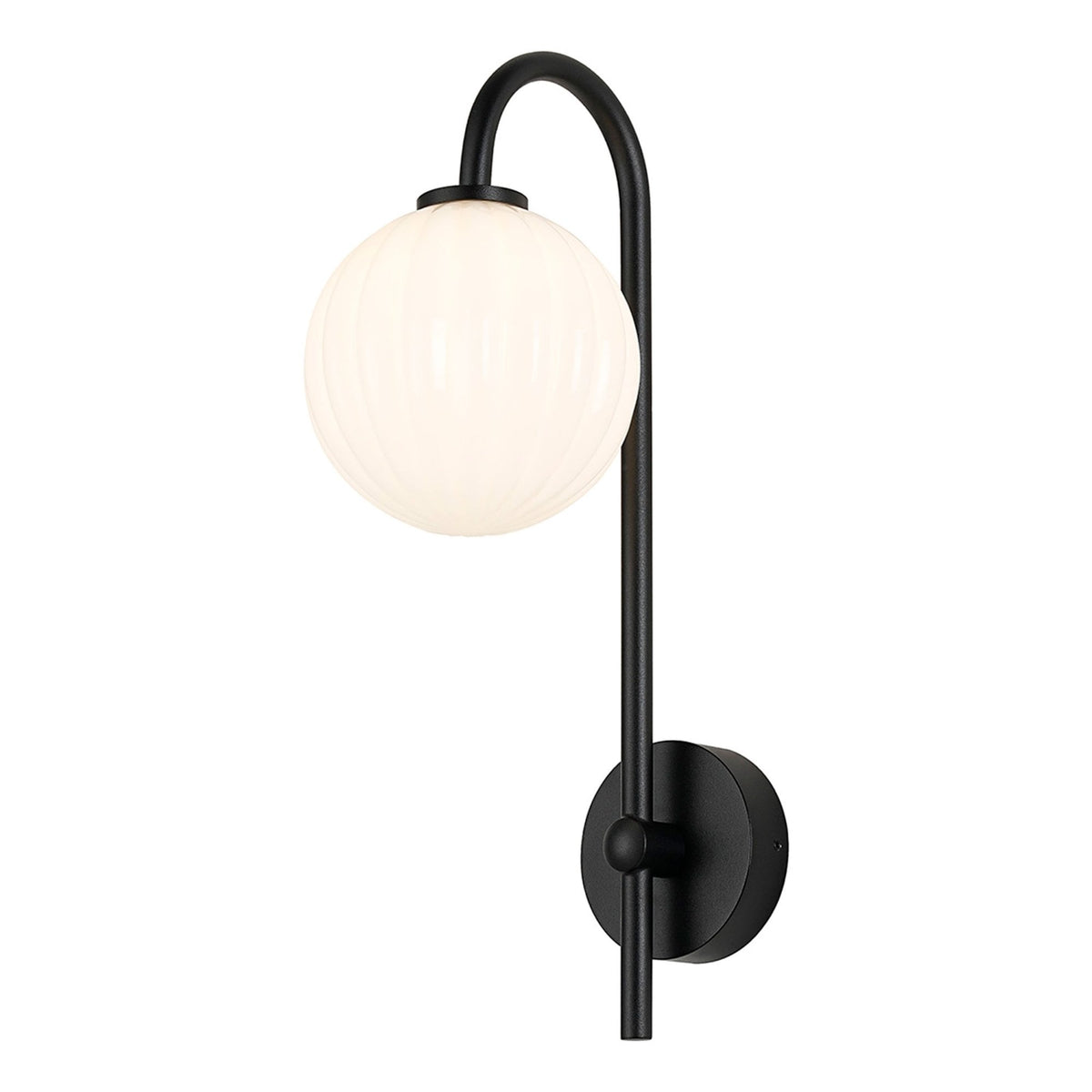 Tenterden Curved Arm IP44 Wall Light in Satin Black with Segment Round Opal Glass Diffuser