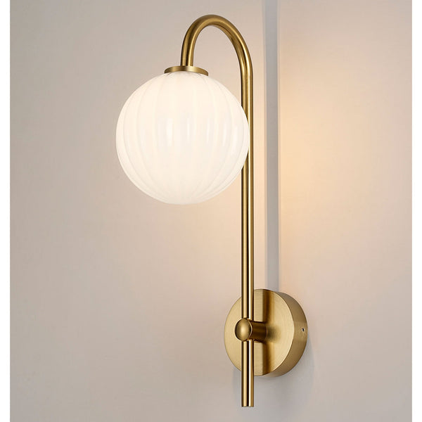 Tenterden Curved Arm IP44 Wall Light in Brass Gold with Segment Round Opal Glass Diffuser