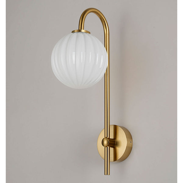 Tenterden Curved Arm IP44 Wall Light in Brass Gold with Segment Round Opal Glass Diffuser