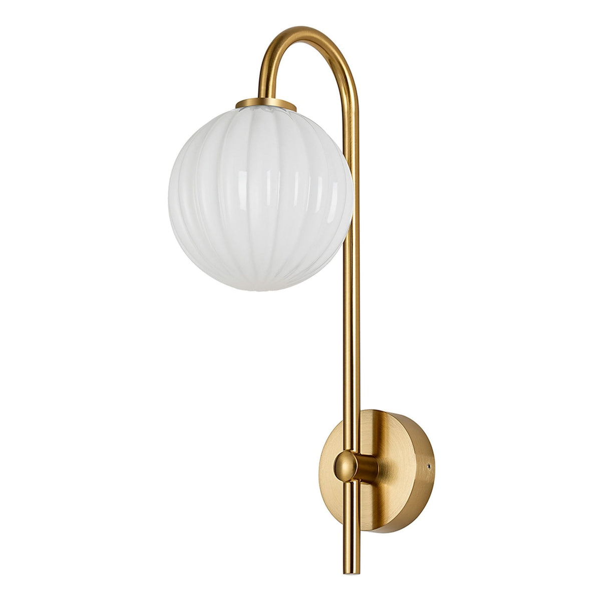 Tenterden Curved Arm IP44 Wall Light in Brass Gold with Segment Round Opal Glass Diffuser