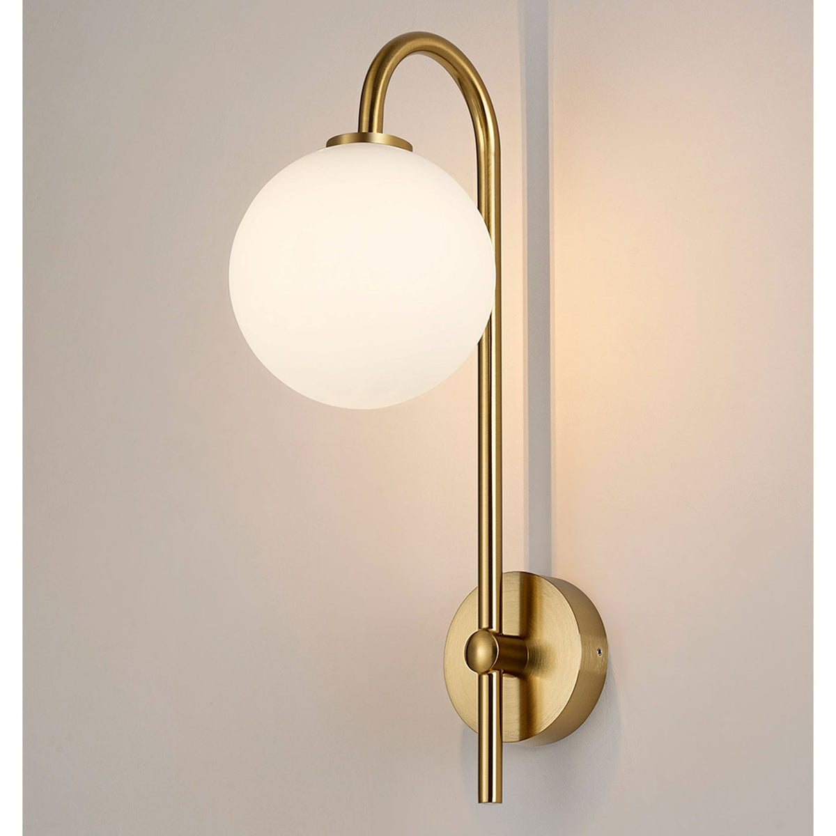 Tenterden Curved Arm IP44 Wall Light in Brass Gold with Smooth Round Opal Glass Diffuser