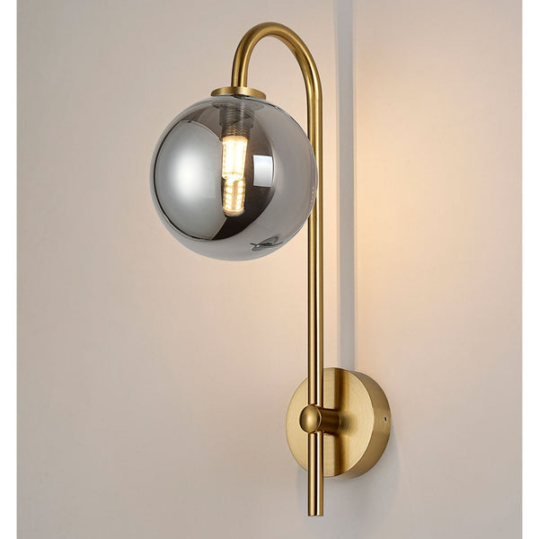Tenterden Curved Arm IP44 Wall Light in Brass Gold with Smooth Round Smoke Glass Diffuser