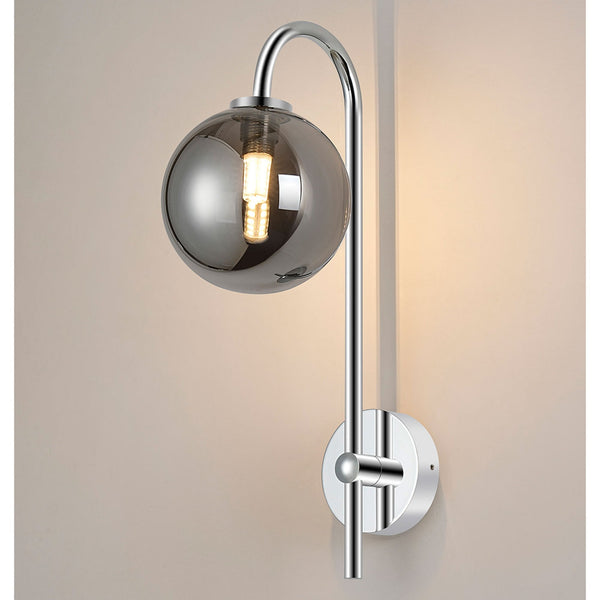 Tenterden Curved Arm IP44 Wall Light in Chrome with Smooth Round Smoke Glass Diffuser