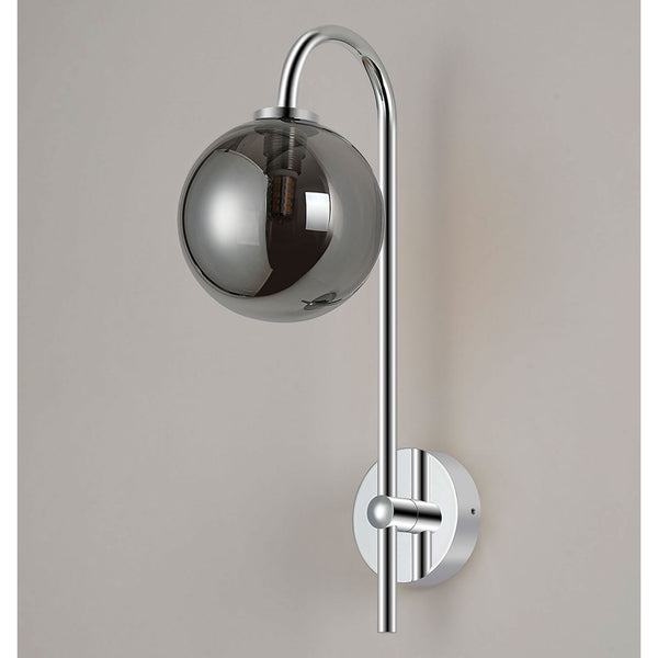Tenterden Curved Arm IP44 Wall Light in Chrome with Smooth Round Smoke Glass Diffuser