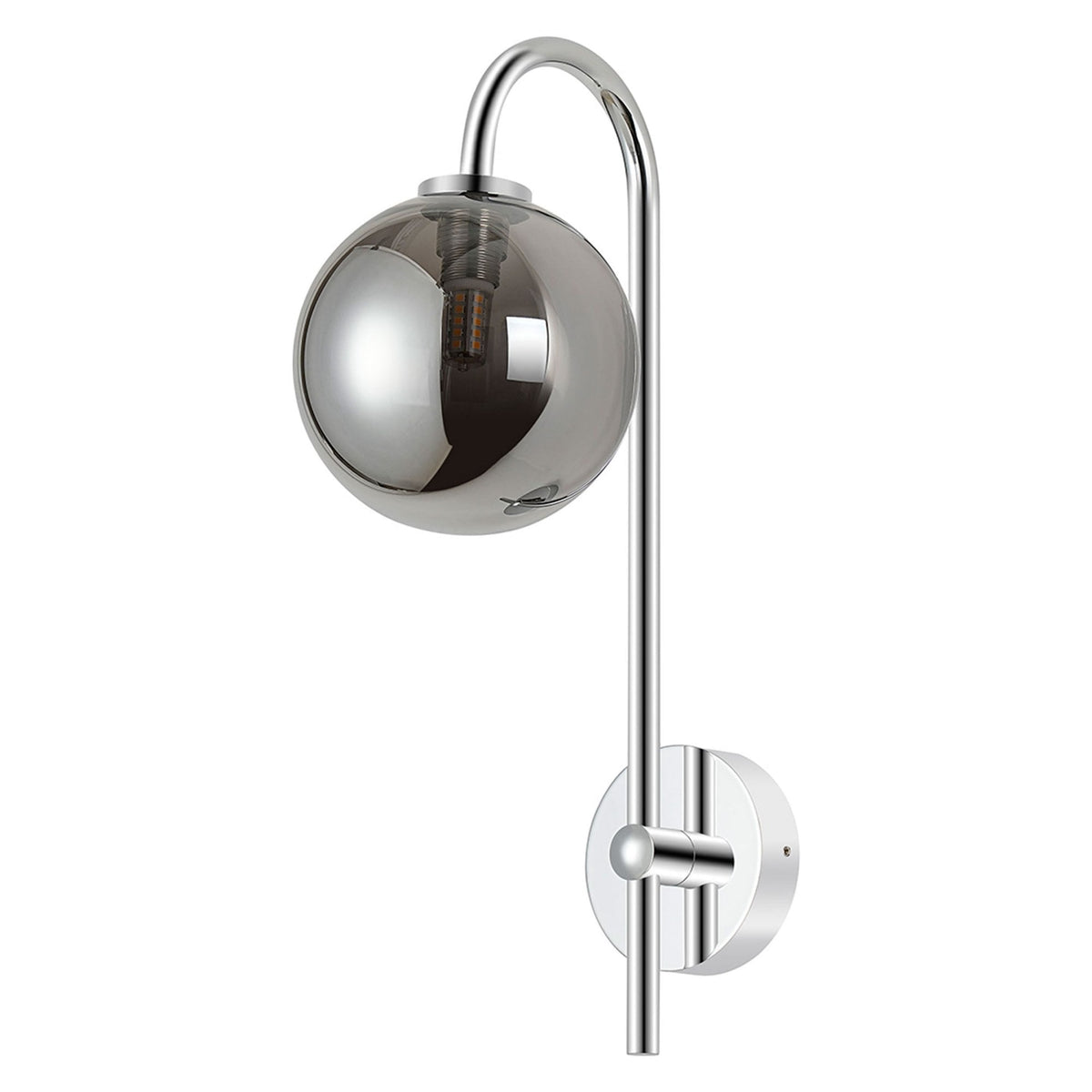 Tenterden Curved Arm IP44 Wall Light in Chrome with Smooth Round Smoke Glass Diffuser