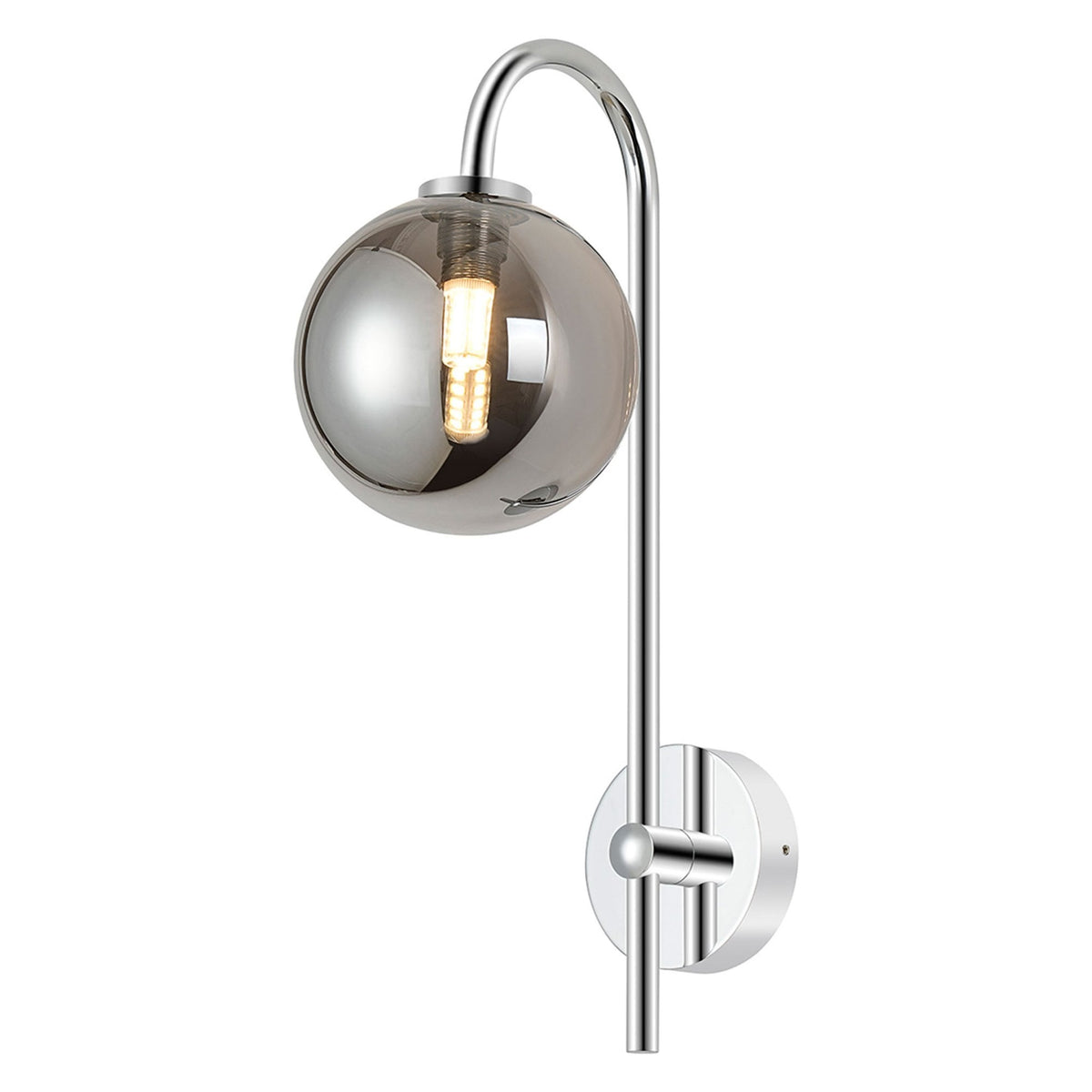 Tenterden Curved Arm IP44 Wall Light in Chrome with Smooth Round Smoke Glass Diffuser