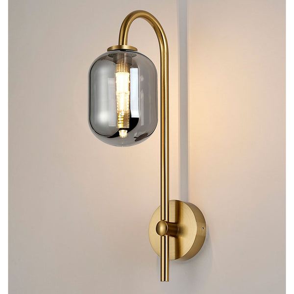 Tenterden Curved Arm IP44 Wall Light in Brass Gold with Smooth Tubular Smoke Glass Diffuser