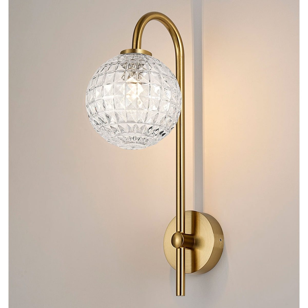 Tenterden Curved Arm IP44 Wall Light in Brass Gold with Cross Pattern Round Clear Glass Diffuser