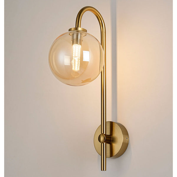 Tenterden Curved Arm IP44 Wall Light in Brass Gold with Smooth Round Amber Glass Diffuser