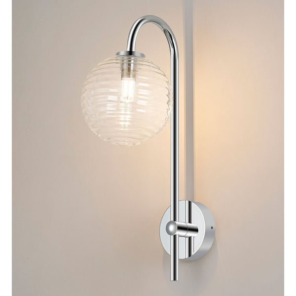 Tenterden Curved Arm IP44 Wall Light in Chrome with Ribbed Round Clear Glass Diffuser