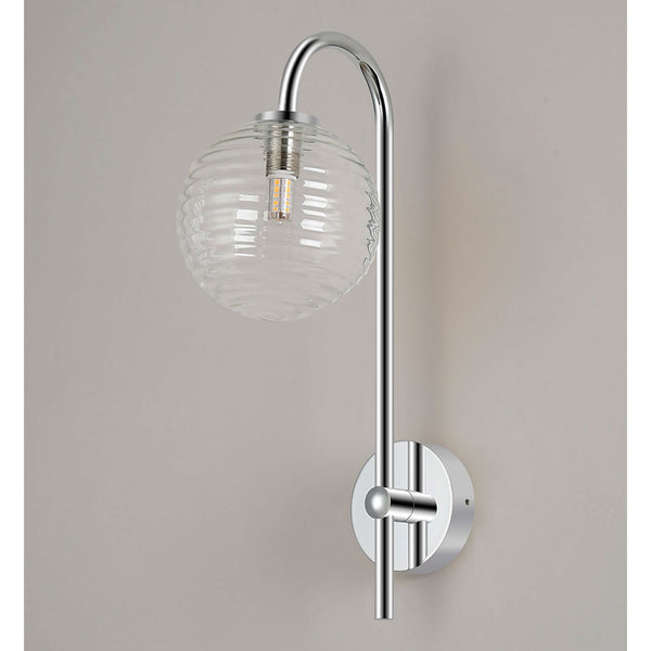 Tenterden Curved Arm IP44 Wall Light in Chrome with Ribbed Round Clear Glass Diffuser