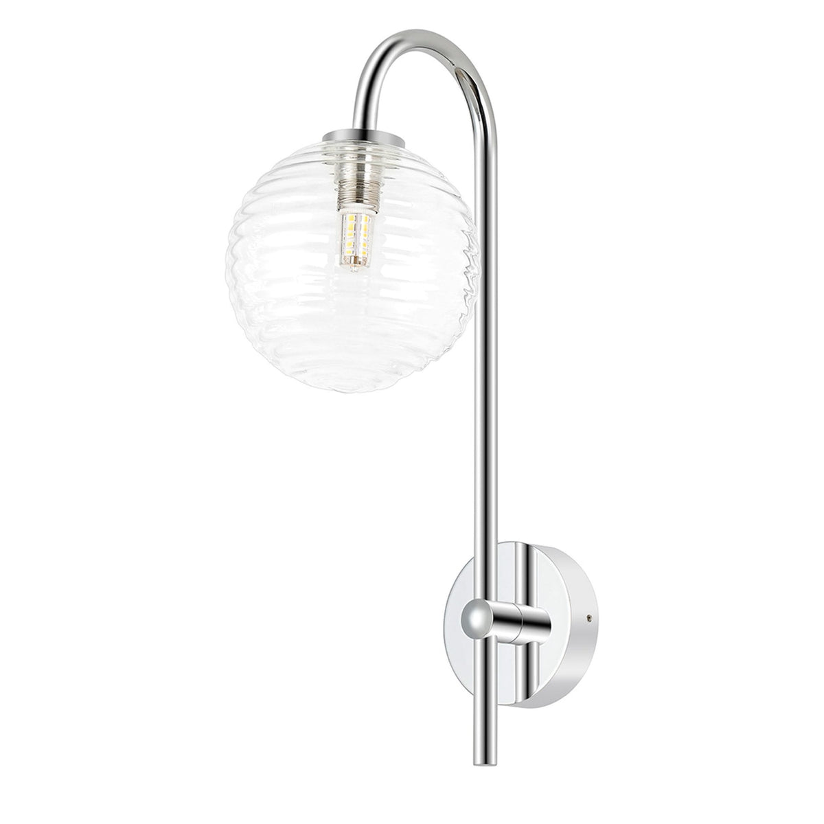 Tenterden Curved Arm IP44 Wall Light in Chrome with Ribbed Round Clear Glass Diffuser