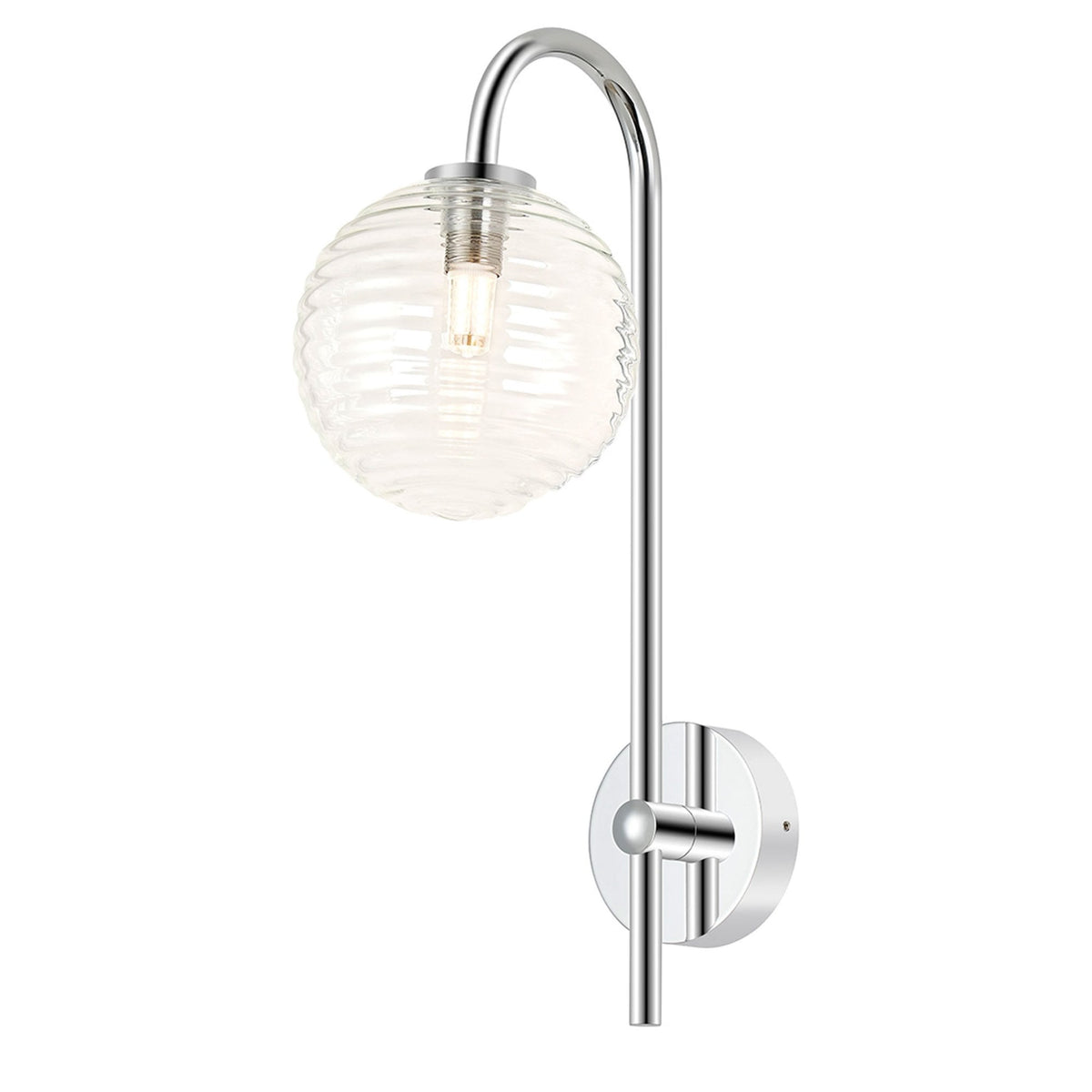 Tenterden Curved Arm IP44 Wall Light in Chrome with Ribbed Round Clear Glass Diffuser