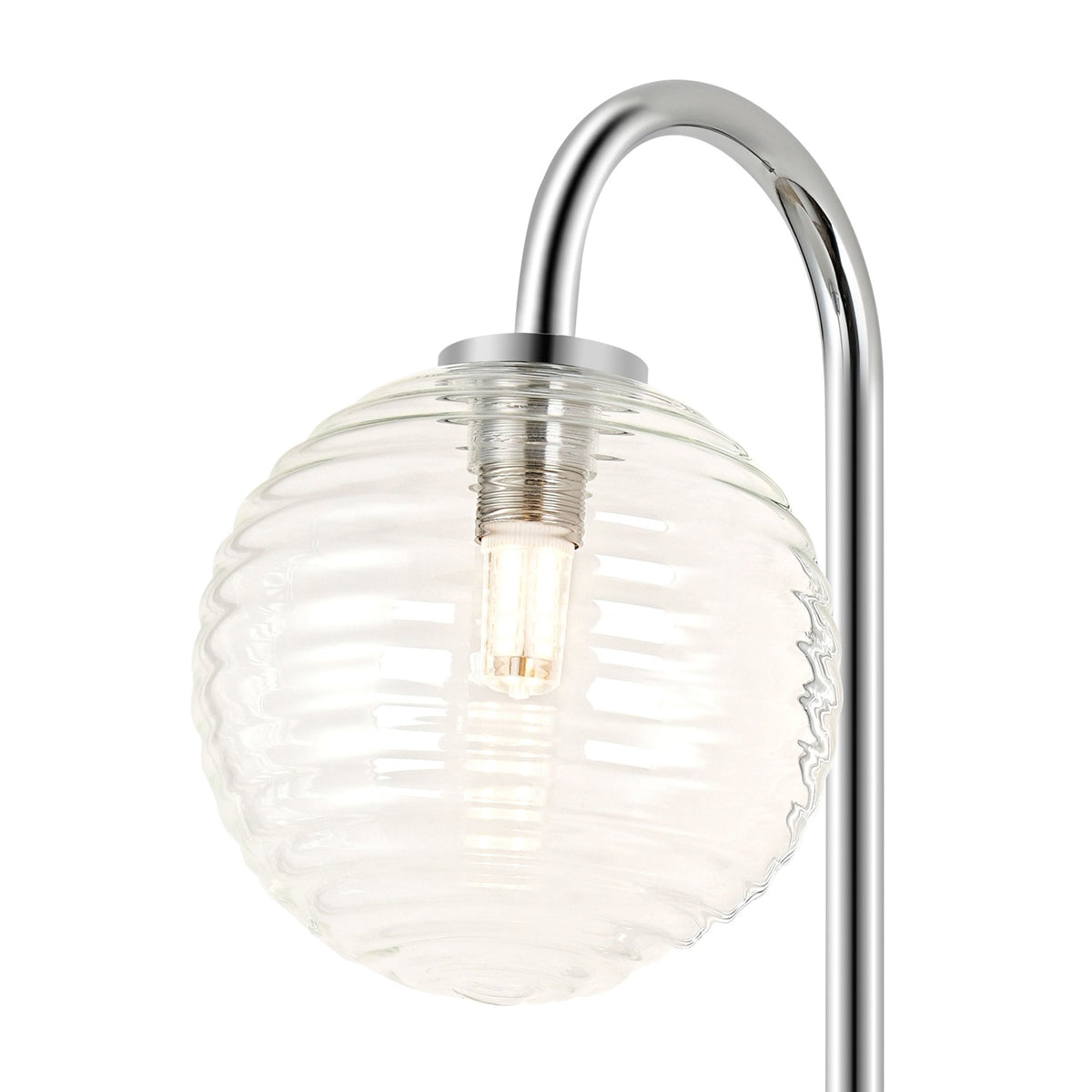 Tenterden Curved Arm IP44 Wall Light in Chrome with Ribbed Round Clear Glass Diffuser