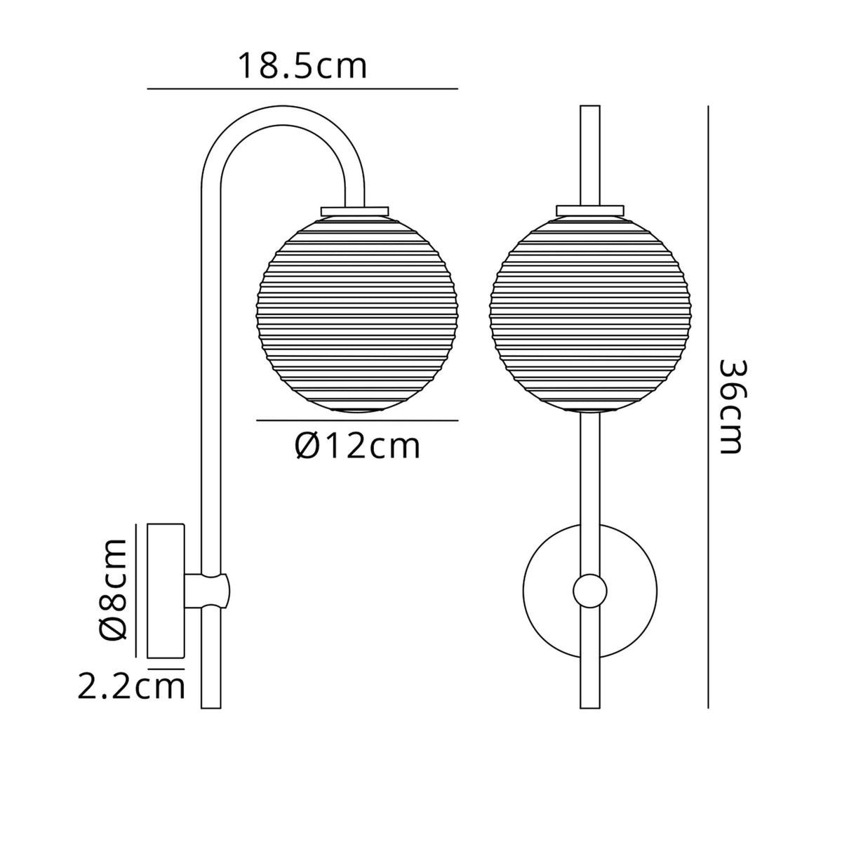 Tenterden Curved Arm IP44 Wall Light in Chrome with Ribbed Round Clear Glass Diffuser