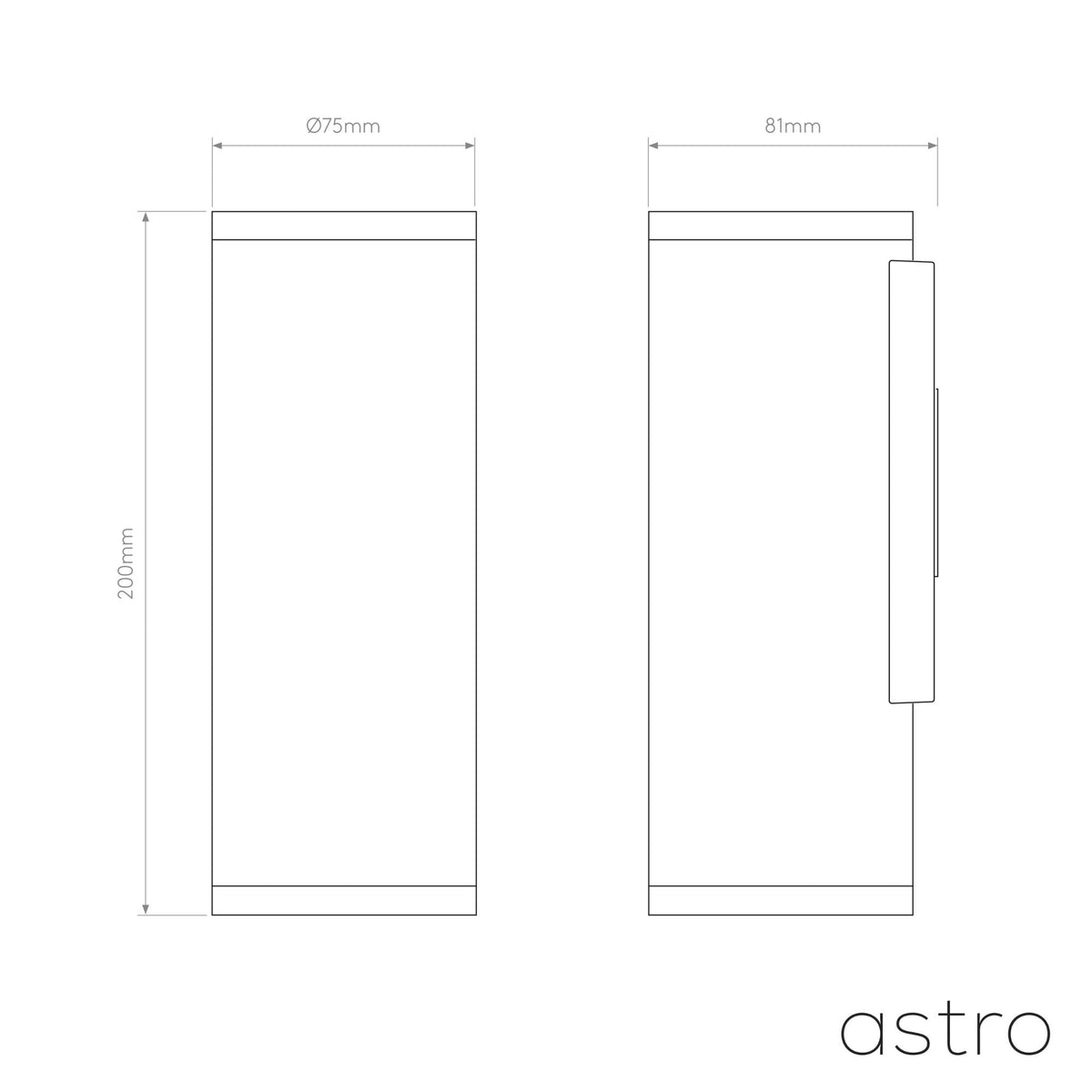 Technical drawing of a cylindrical light fixture with dimensions 200mm height, 75mm diameter, and 81mm depth