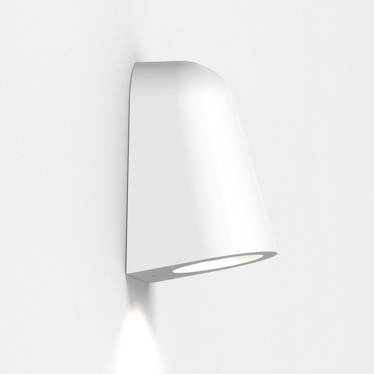 White wall light with a curved top and an oval opening at the bottom, casting light downwards