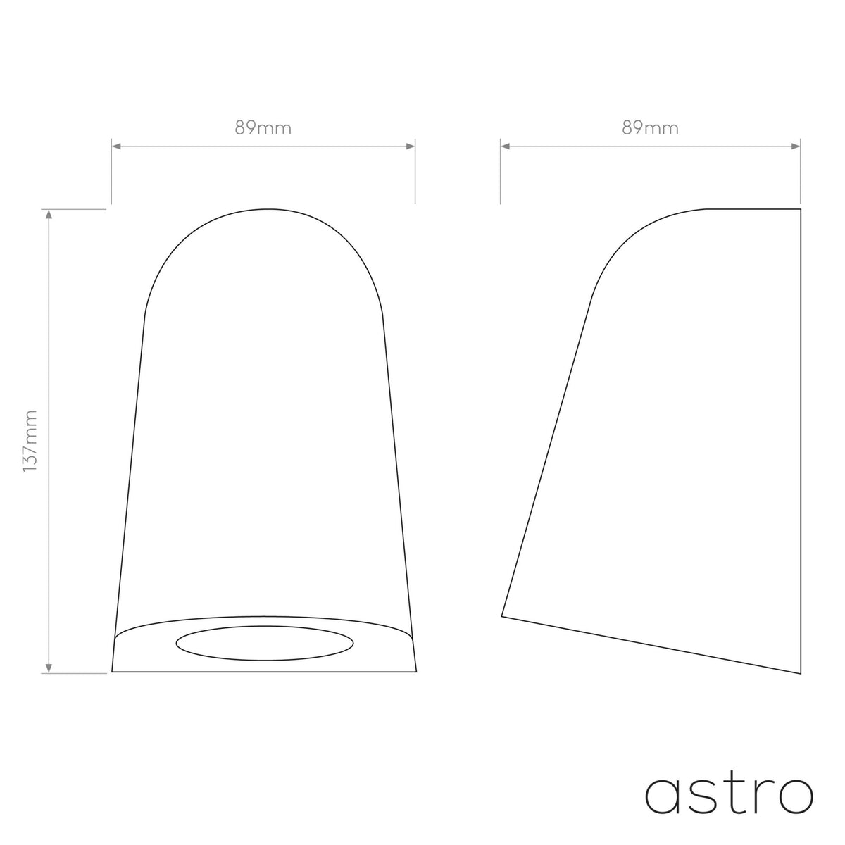 Astro product dimensions graphic with front and side views, showing height 137mm and width 89mm