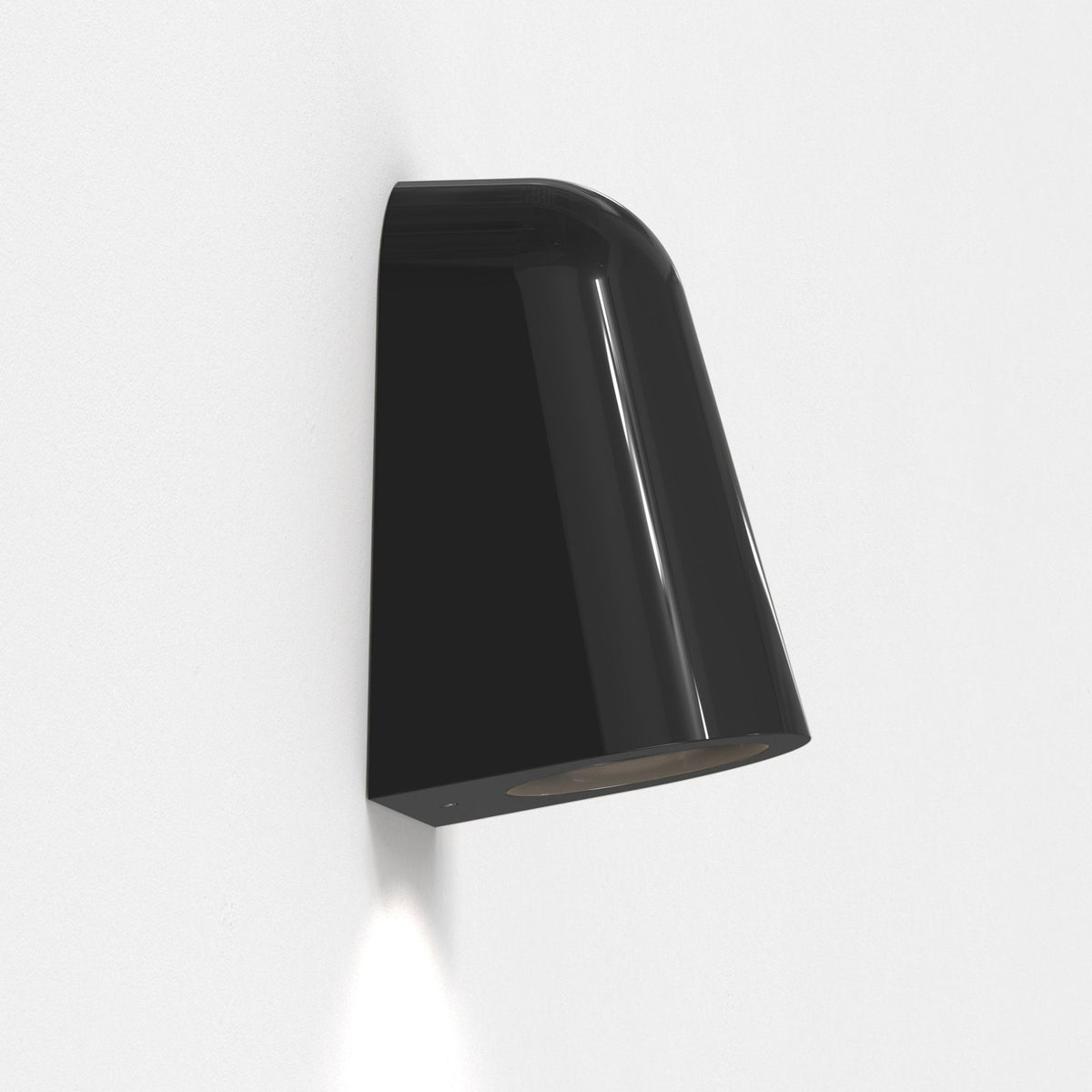 Black wall light with a curved top and a downward-facing beam of light