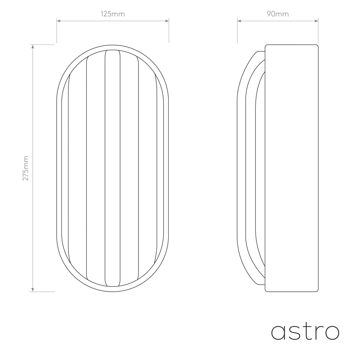 Technical drawing of the Astro light fixture with dimensions 275mm height, 125mm width, and 90mm depth