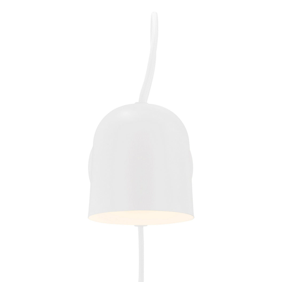 A close-up of a white bell-shaped light shade with a subtle glow at the bottom.
