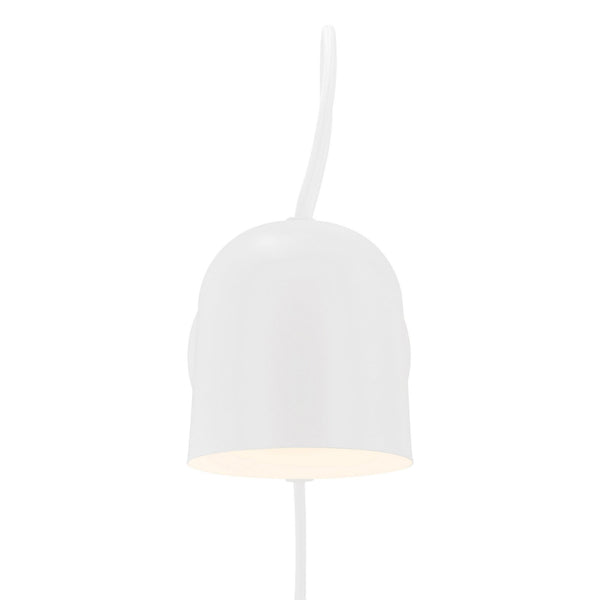 A close-up of a white bell-shaped light shade with a subtle glow at the bottom.