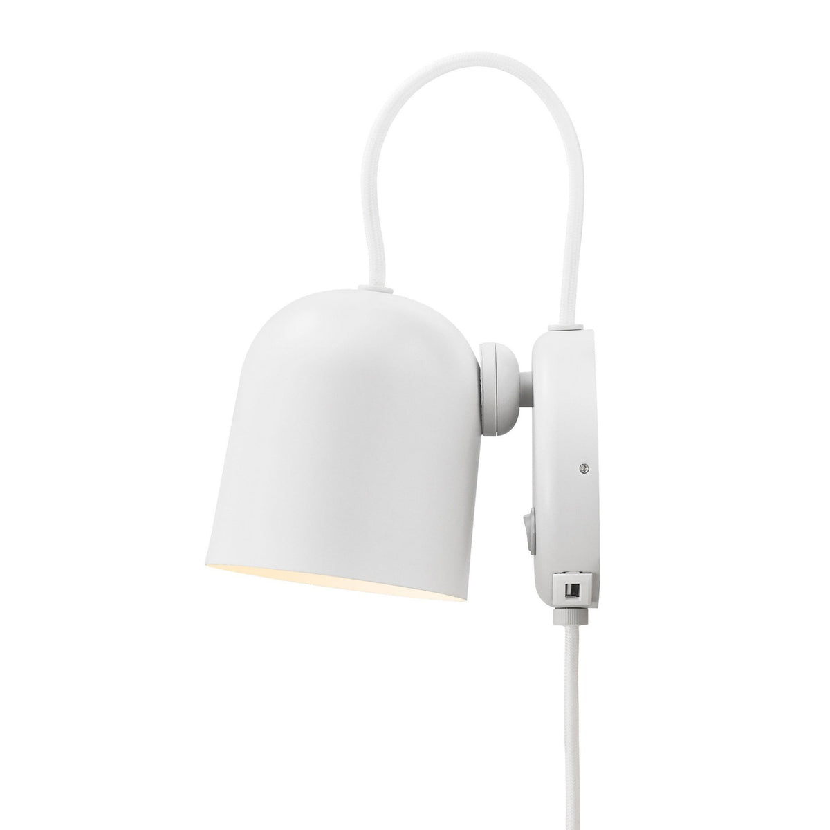 A white wall-mounted light with a curved neck and bell-shaped shade, viewed from the front.