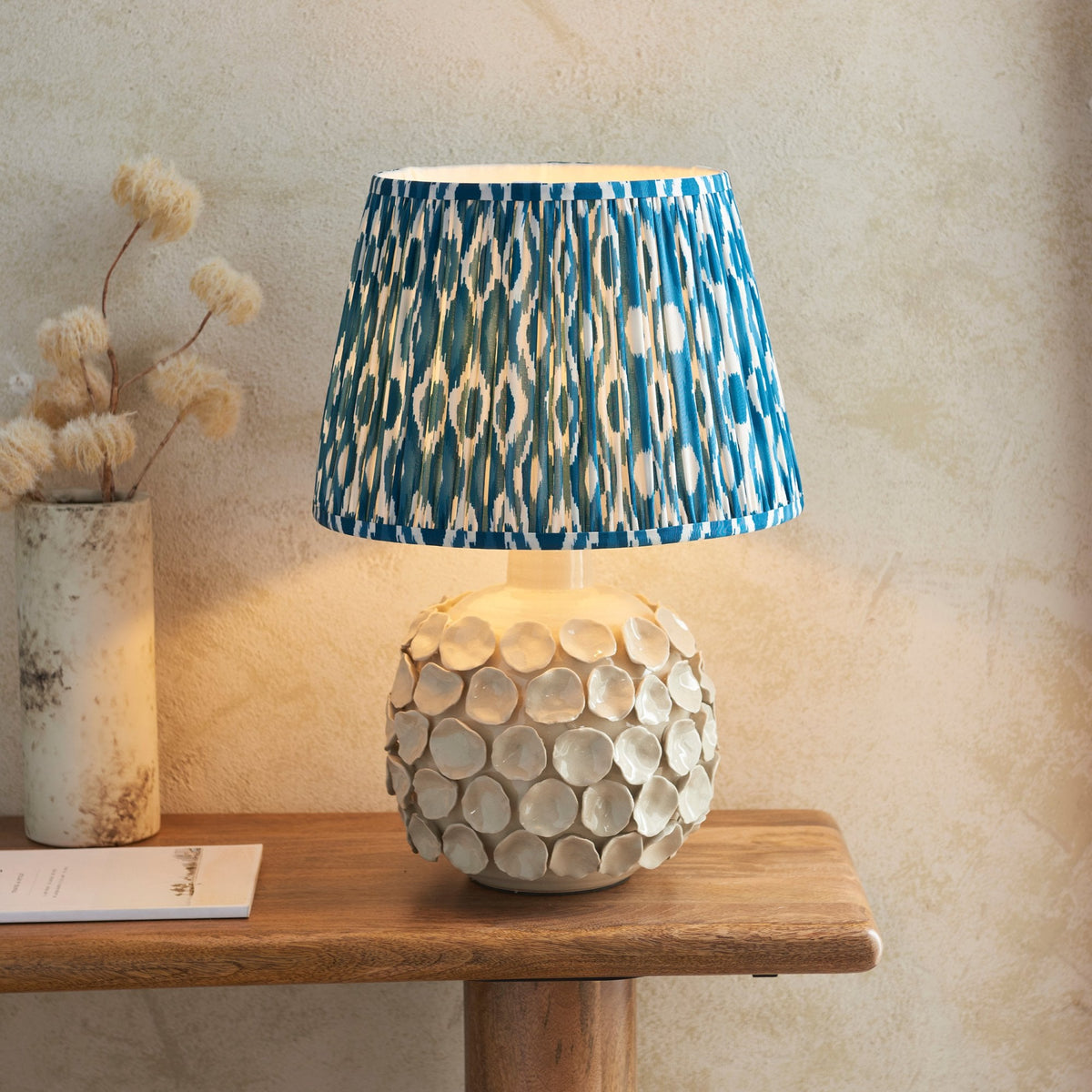 Borello Ceramic Table Lamp in Vintage White with Ikat 35cm Marlin Blue Shade