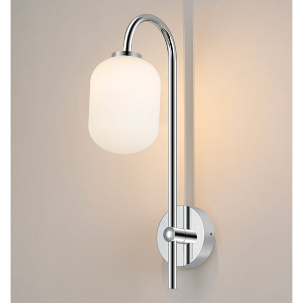 Tenterden Curved Arm IP44 Wall Light in Chrome with Smooth Tubular Opal Glass Diffuser