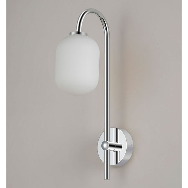 Tenterden Curved Arm IP44 Wall Light in Chrome with Smooth Tubular Opal Glass Diffuser