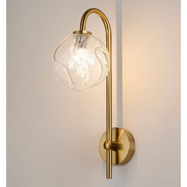 Tenterden Curved Arm IP44 Wall Light in Brass Gold with Waved Round Clear Glass Diffuser
